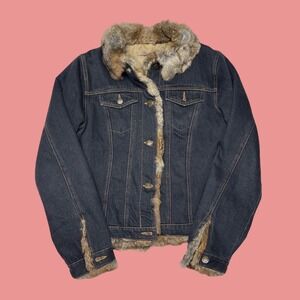 Mojo Women Dark Wash Denim Jacket Rabbit Fur Trim Quilted Lining Trucker Coat